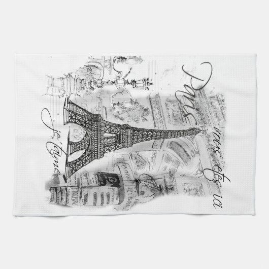 Paris Eiffel Tower Black & White Collage Scene Theedoek (Horizontaal)