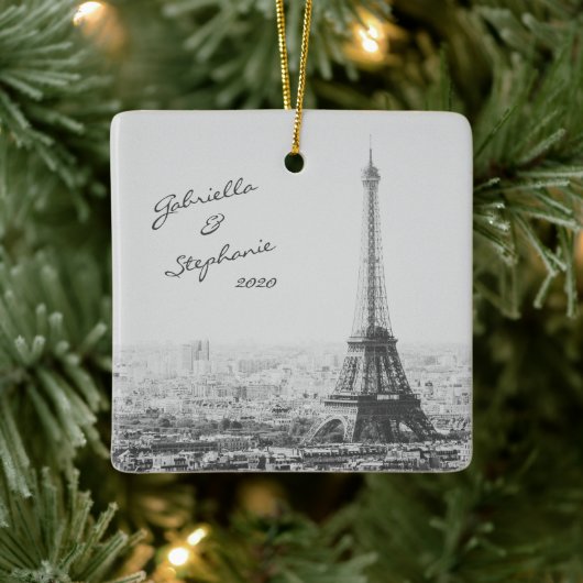  Paris Eiffel Tower Black White Foto naam Keramisch Ornament (Boom)