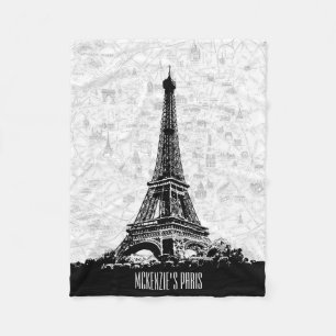 Paris Eiffel Tower Black White  Map Name Fleece Deken