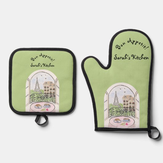 Paris Eiffel Tower Bon Appetit PERSOONLIJK Ovenwant & Pannenlap Set (Voorkant)