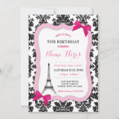 Paris Eiffel Tower Bow Damask Birthday Invite Kaart (Voorkant)