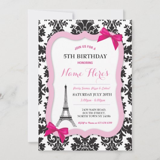 Paris Eiffel Tower Bow Damask Birthday Invite Kaart (Voorkant)