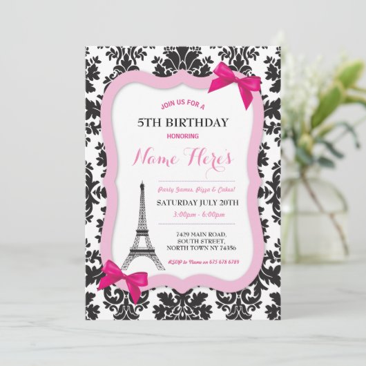 Paris Eiffel Tower Bow Damask Birthday Invite Kaart (Staand voorkant)