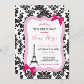 Paris Eiffel Tower Bow Damask Birthday Invite Kaart (Voorkant / Achterkant)