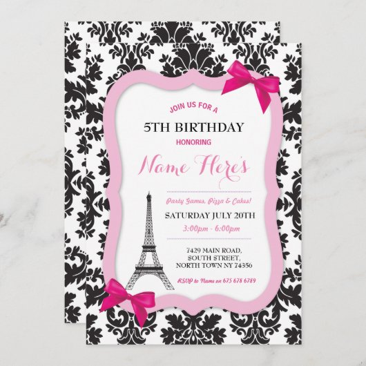 Paris Eiffel Tower Bow Damask Birthday Invite Kaart (Voorkant / Achterkant)