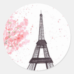 Paris Eiffel Tower Cherry Blossom Waterverf Ronde Sticker