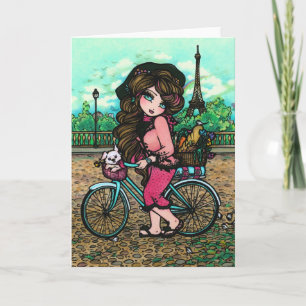 Paris Eiffel Tower Dog Bike Fantasy Girl Art Card Feestdagen Kaart