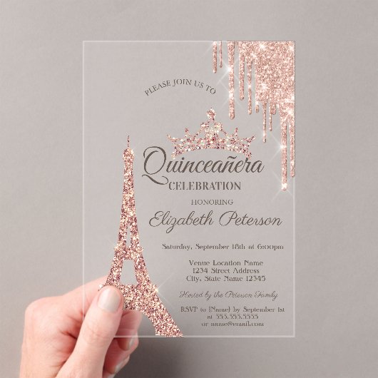 Paris Eiffel Tower, Drip Roos Gold Quinceañera Acryl Uitnodigingen (Insitu (Draagbaar))