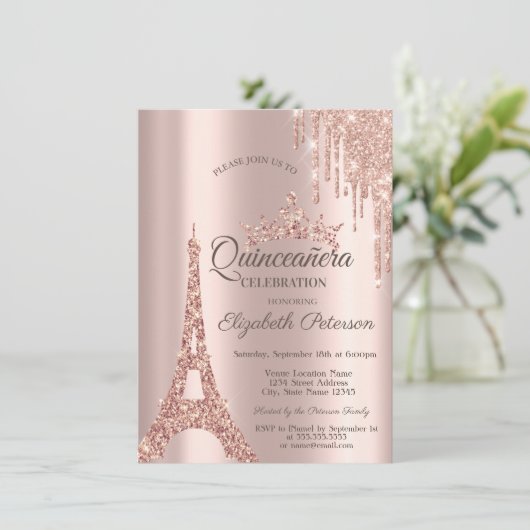 Paris Eiffel Tower, Drip Roos Gold Quinceañera Kaart (Staand voorkant)