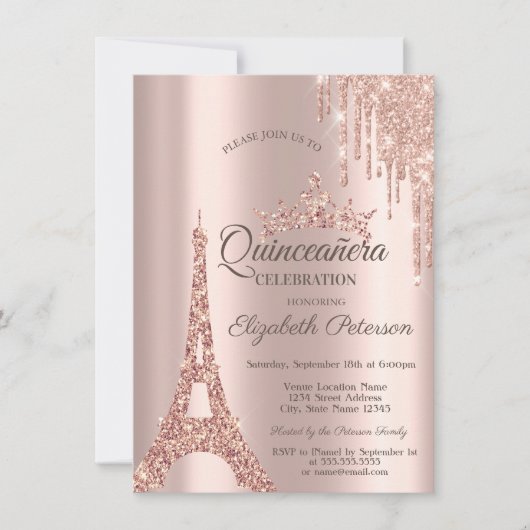 Paris Eiffel Tower, Drip Roos Gold Quinceañera Kaart (Voorkant)