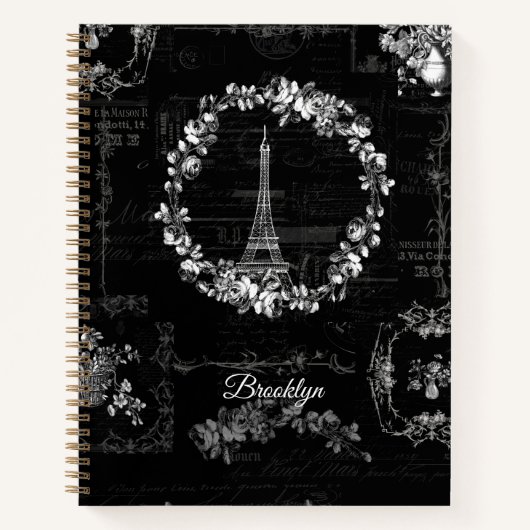 Paris Eiffel Tower Flowers Ephemera Black Notitieboek (Voorkant)