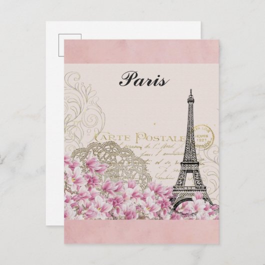 Paris Eiffel Tower France  roze bloemen Briefkaart (Voorkant / Achterkant)