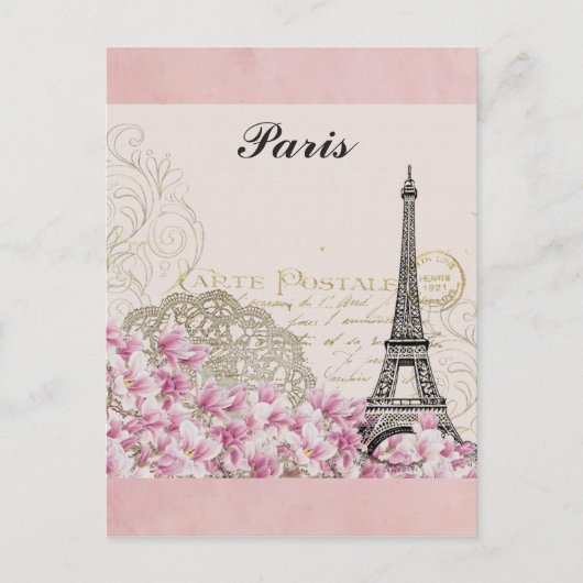 Paris Eiffel Tower France  roze bloemen Briefkaart (Voorkant)