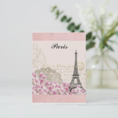 Paris Eiffel Tower France  roze bloemen Briefkaart (Staand voorkant)