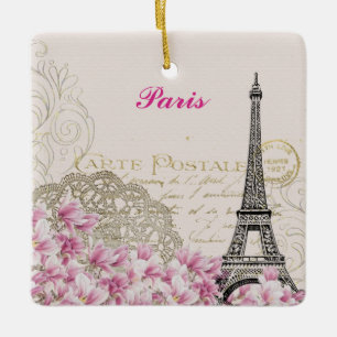 Paris Eiffel Tower France  roze bloemen Keramisch Ornament