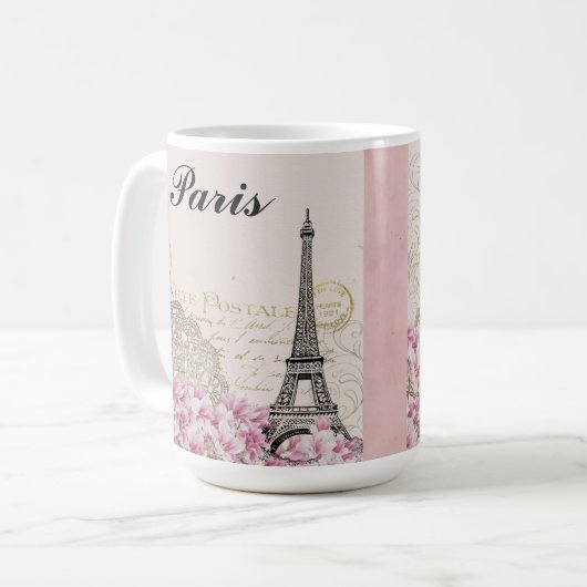 Paris Eiffel Tower France  roze bloemen Koffiemok (Voorkant links)