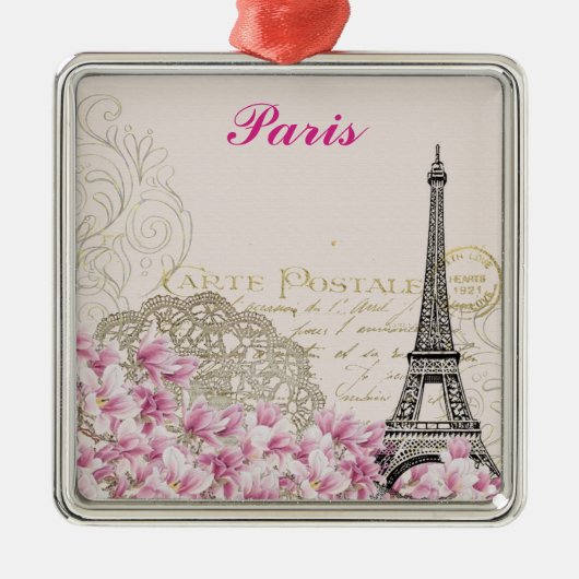 Paris Eiffel Tower France  roze bloemen Metalen Ornament (Voorkant)