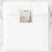 Paris Eiffel Tower France  roze bloemen Vierkante Sticker (Tas)