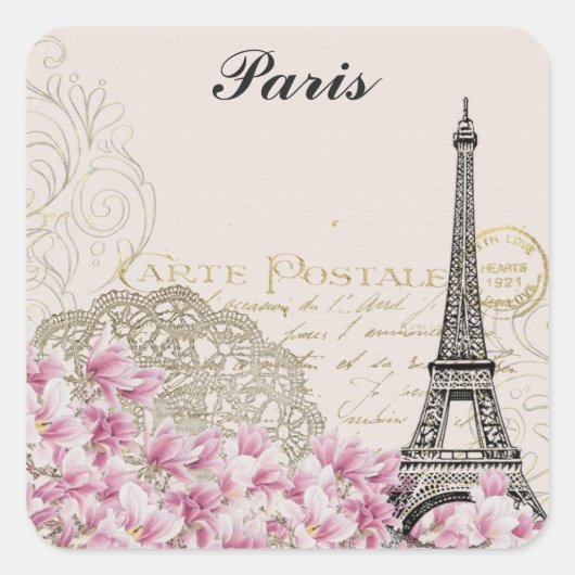 Paris Eiffel Tower France  roze bloemen Vierkante Sticker (Voorkant)