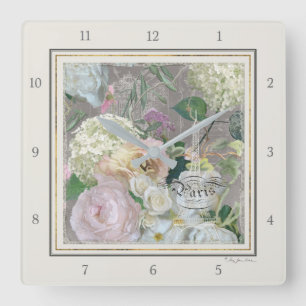Paris Eiffel Tower French Market Floral  Vierkante Klok
