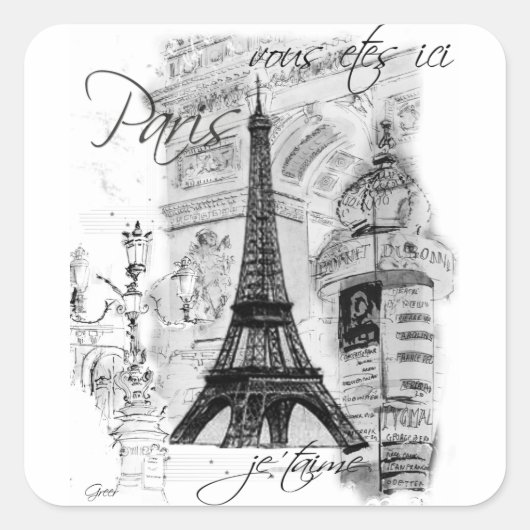 Paris Eiffel Tower French Scene Collage Vierkante Sticker (Voorkant)