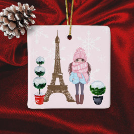 Paris Eiffel Tower  Girl Chic Pink Kerstmis Keramisch Ornament