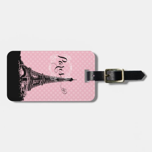 Paris Eiffel Tower Girly Pink Polka Dot Bagagelabel (Voorkant horizontaal)