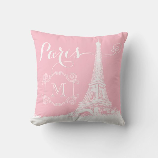 Paris Eiffel Tower Girly Pink White Monogrammed Kussen (Voorkant)