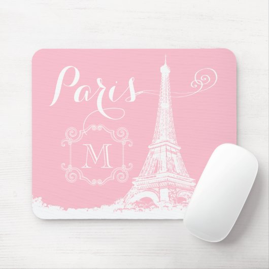 Paris Eiffel Tower Girly Pink White Monogrammed Muismat (Met muis)