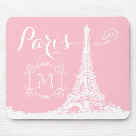 Paris Eiffel Tower Girly Pink White Monogrammed Muismat (Voorkant)