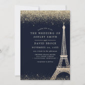 Paris Eiffel Tower Gold Confetti Navy Blue Wedding Kaart (Voorkant)