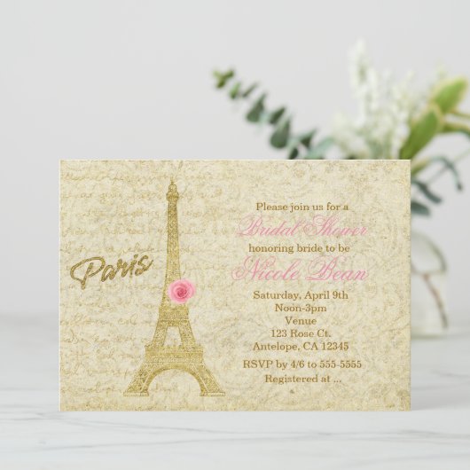 Paris Eiffel Tower Gold & Roze Elegant Invitting Kaart (Staand voorkant)
