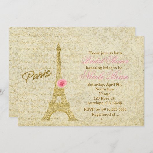 Paris Eiffel Tower Gold & Roze Elegant Invitting Kaart (Voorkant / Achterkant)