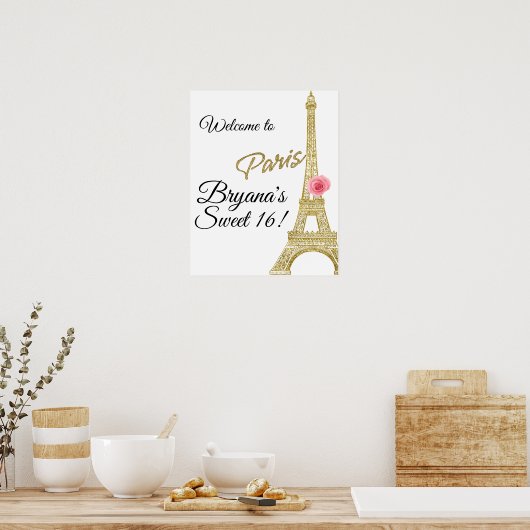 Paris Eiffel Tower Gold Sparkle Pink Rose Frankrij Poster (Keuken)