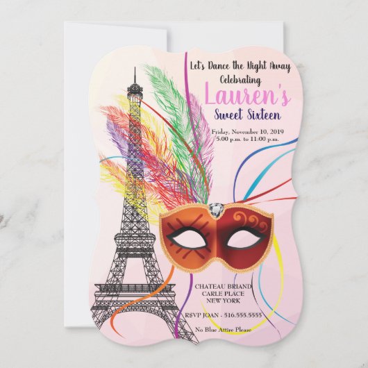 Paris Eiffel Tower Masquerade Sweet 16 Uitnodiging (Voorkant)