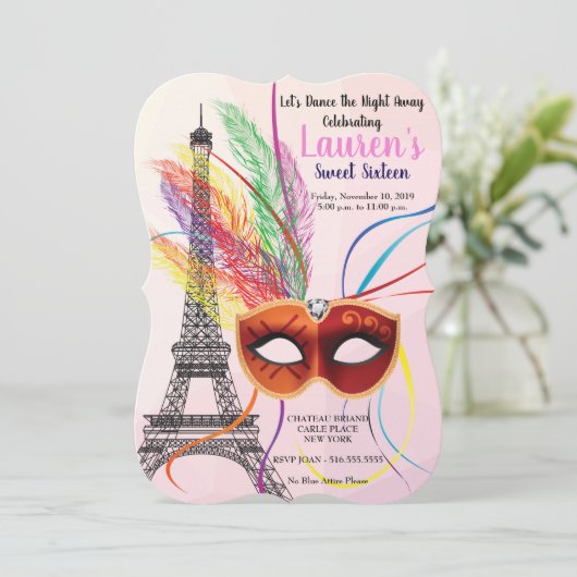 Paris Eiffel Tower Masquerade Sweet 16 Uitnodiging (Staand voorkant)