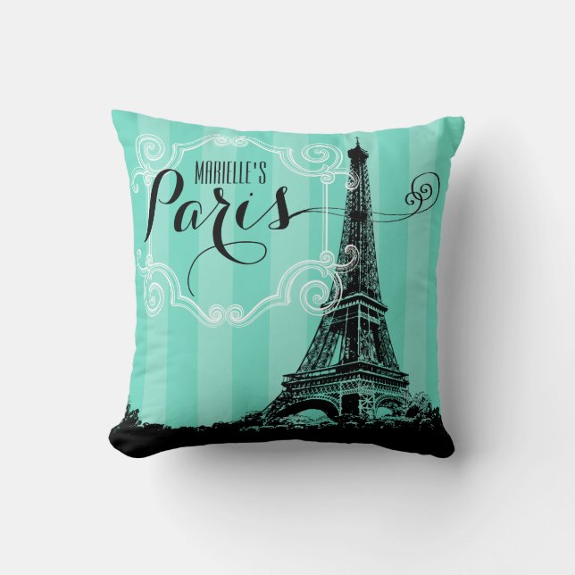 Paris Eiffel Tower Monogram Seafoam Green Stripes Kussen (Voorkant)