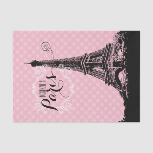 Paris Eiffel Tower Monogramme Name Pink Polka Dot Tissuepapier (Voorkant)
