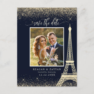 Paris Eiffel Tower Navy Gold Photo Save the Date Aankondigingskaart