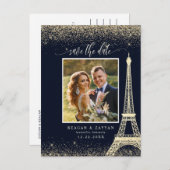 Paris Eiffel Tower Navy Gold Photo Save the Date Aankondigingskaart (Voorkant / Achterkant)