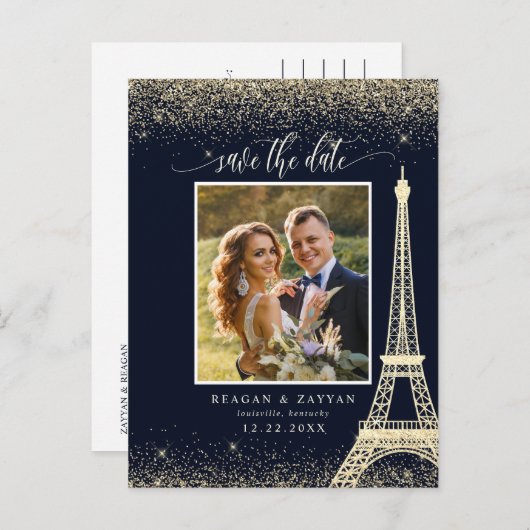 Paris Eiffel Tower Navy Gold Photo Save the Date Aankondigingskaart (Voorkant / Achterkant)