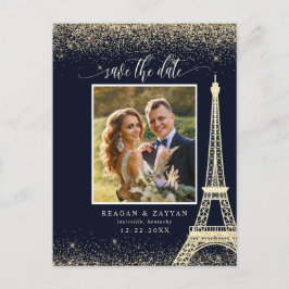 Paris Eiffel Tower Navy Gold Photo Save the Date Aankondigingskaart