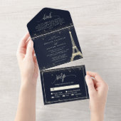 Paris Eiffel Tower Navy Gold Sparkle Weddenschap All In One Uitnodiging (Afscheurbaar)
