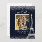 Paris Eiffel Tower Navy Silver Photo Save the Date Aankondigingskaart (Voorkant / Achterkant)