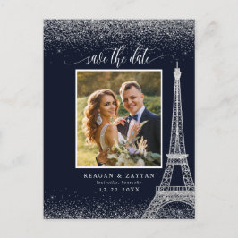 Paris Eiffel Tower Navy Silver Photo Save the Date Aankondigingskaart