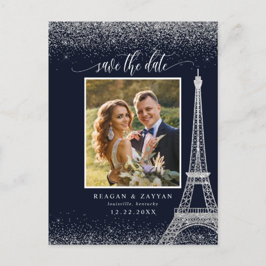 Paris Eiffel Tower Navy Silver Photo Save the Date Aankondigingskaart (Voorkant)