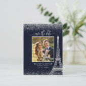 Paris Eiffel Tower Navy Silver Photo Save the Date Aankondigingskaart (Staand voorkant)