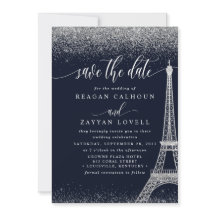 Paris Eiffel Tower Navy Silver Save the Date Kaart