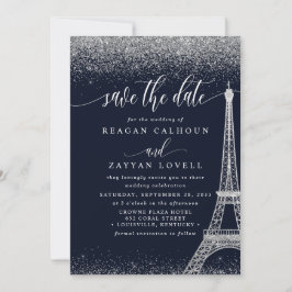 Paris Eiffel Tower Navy Silver Save the Date Kaart