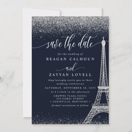 Paris Eiffel Tower Navy Silver Save the Date Kaart (Voorkant)
